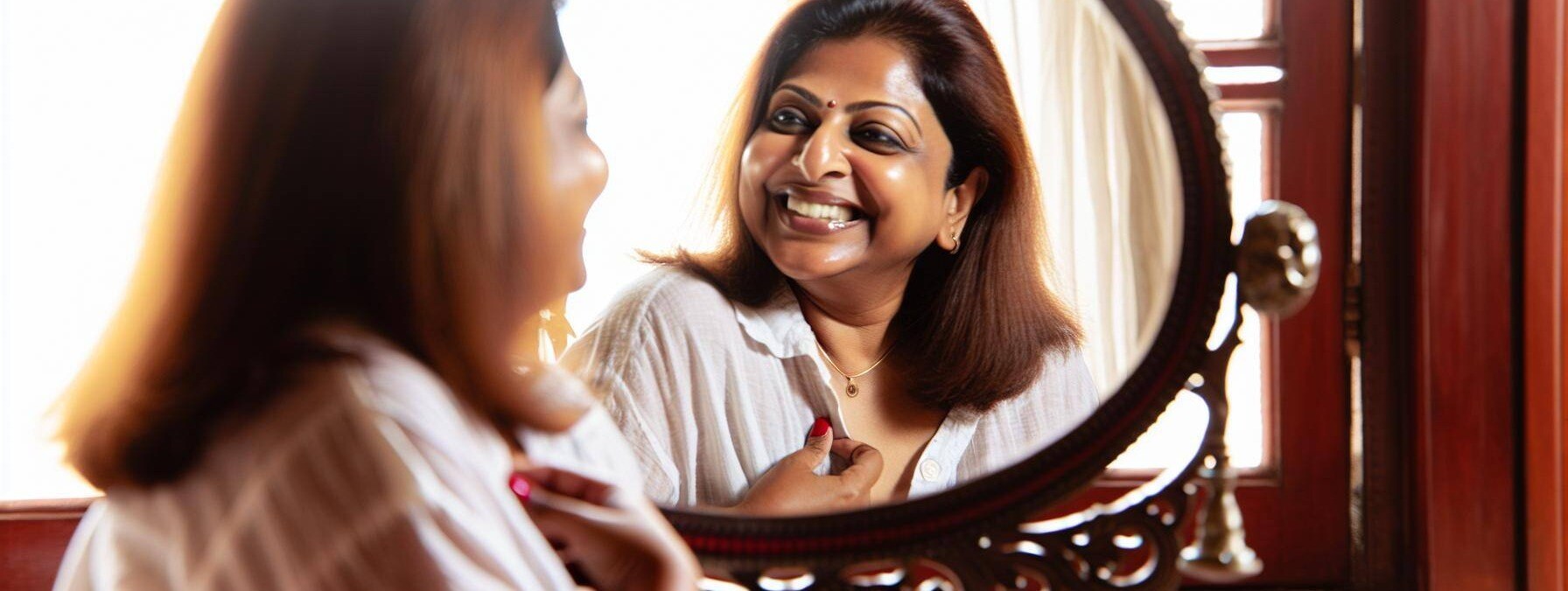 Lady admiring her face in mirror-1