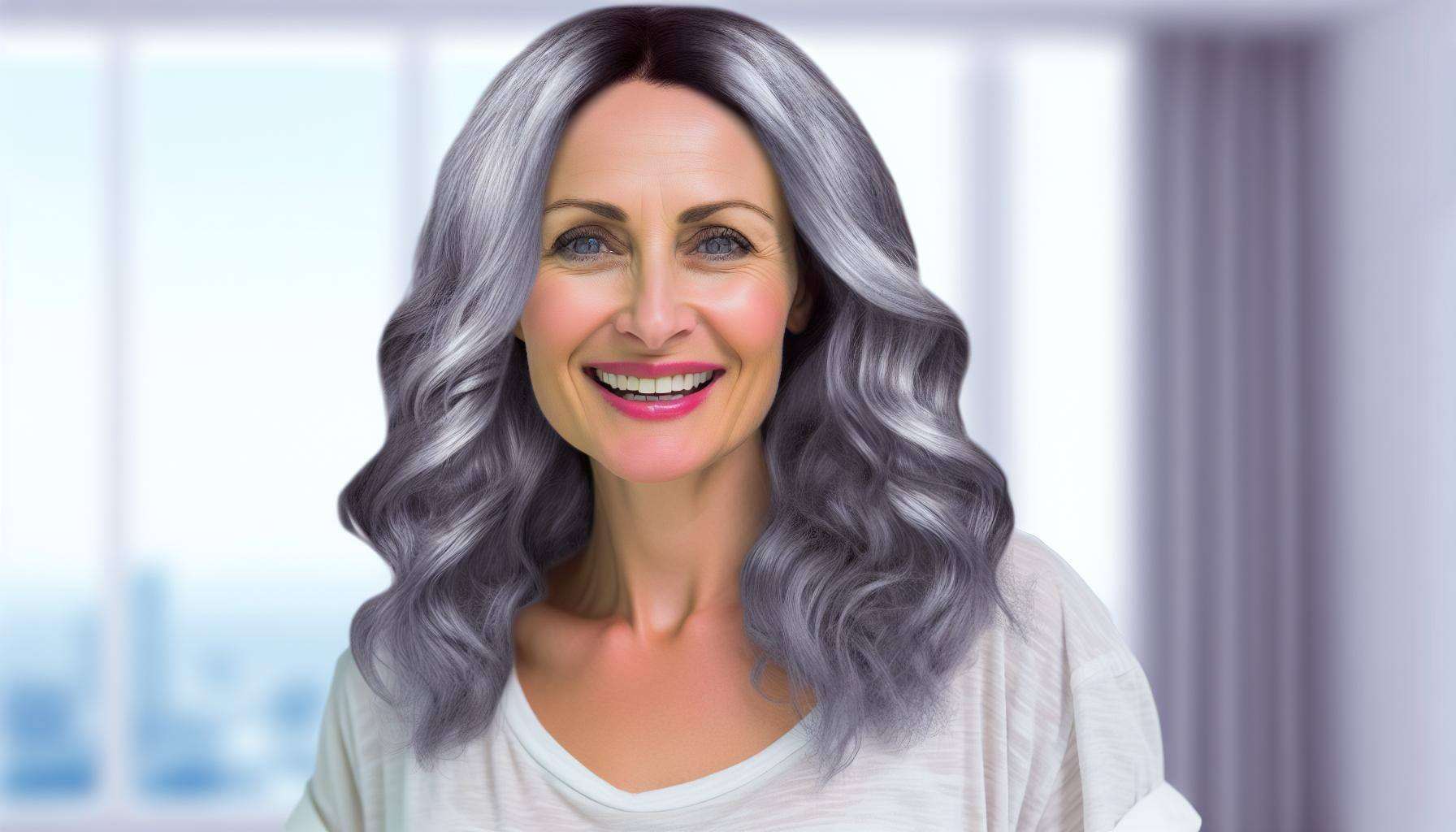 beautiful 30 year old grey haired woman smiling